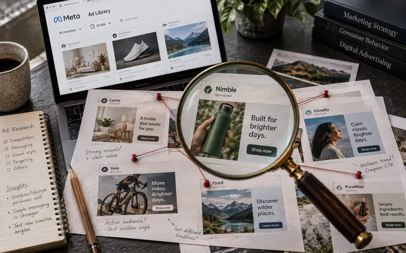 Lupa sobre anuncios y biblioteca de Meta para analizar la publicidad de la competencia.