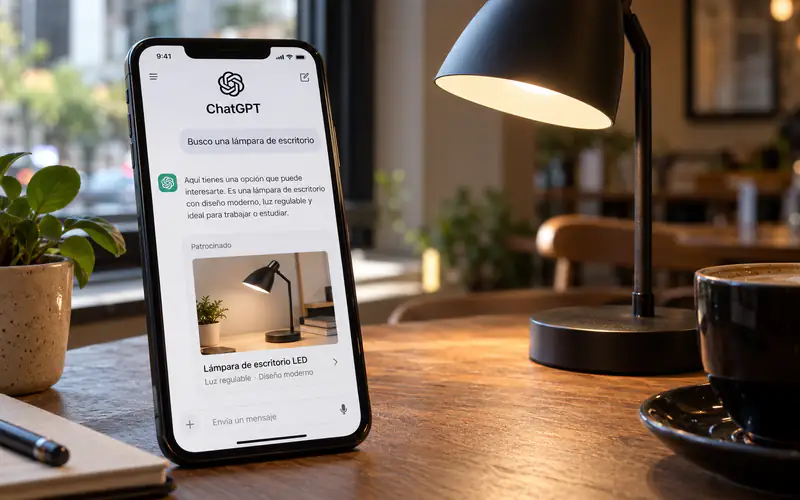 Teléfono con una maqueta de ChatGPT y una recomendación patrocinada: anuncios en ChatGPT según el país.