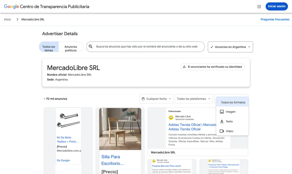 Ficha de un anunciante en el Centro de Transparencia Publicitaria de Google, con su identidad verificada y los filtros de región, fecha y formato.
