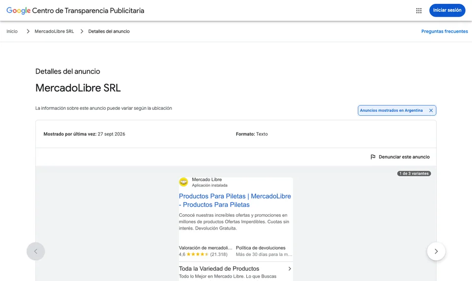 Detalle de un anuncio de búsqueda en el Centro de Transparencia Publicitaria de Google, con su formato, la última fecha en que se mostró y sus variantes.