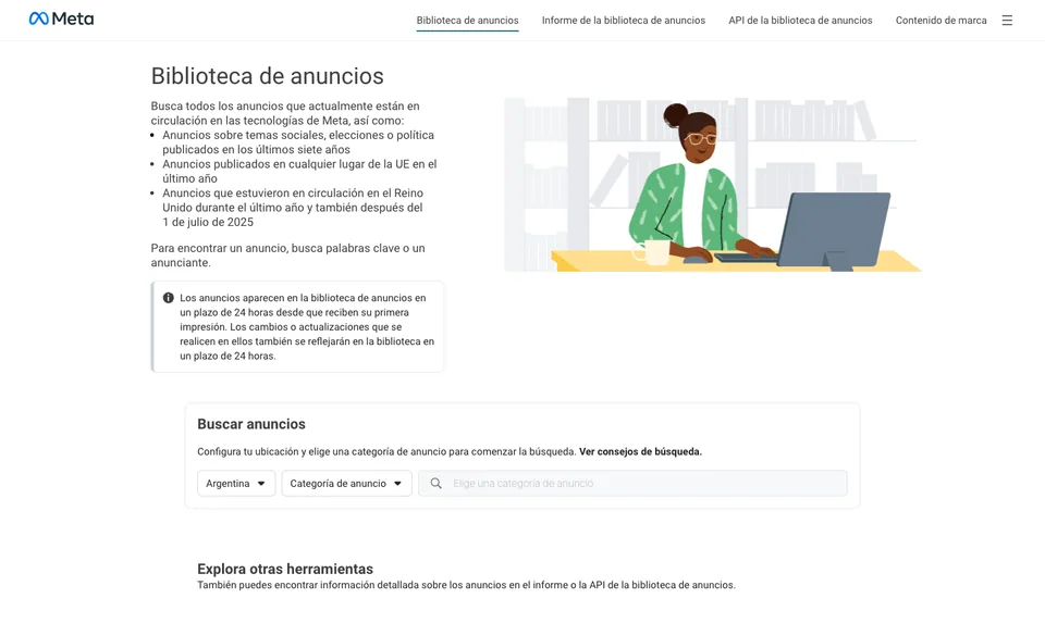 Pantalla inicial de la Biblioteca de Anuncios de Meta con el selector de país y el de categoría de anuncios.