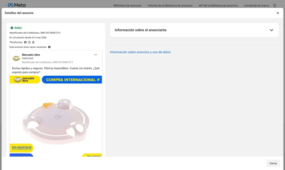 Detalle de un anuncio en la Biblioteca de Meta, con la fecha de publicación, las plataformas y la cantidad de versiones.
