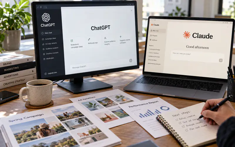 ChatGPT and Claude beside reports and creatives for AI-assisted digital marketing campaign management.