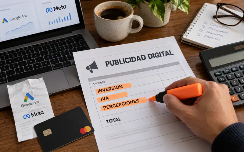 Digital advertising invoice with ad spend, VAT and tax withholdings highlighted beside a calculator.